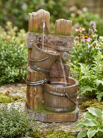 Rustic Post Pours Water Feature with LED