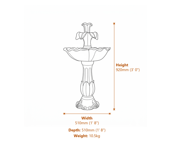 Floral Tiered Solar Water Feature Dimensions Diagram