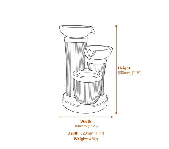 Tres Bowls Solar Water Feature Dimensions Diagram