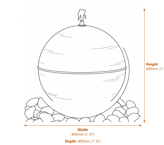 Corten Steel Sphere Water Feature 40cm Dimensions Diagram