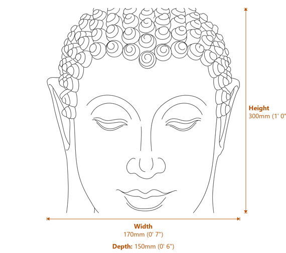 Medium Thai Buddha Head Garden Statue in Grey Dimensions Diagram