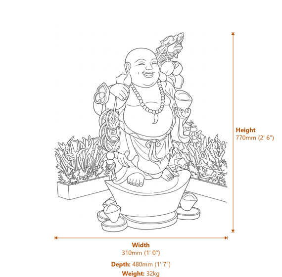 Wealthy Standing Buddha Garden Statue in Grey Dimensions Diagram