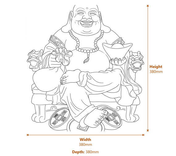Wealthy Sitting Buddha Garden Statue in Grey Dimensions Diagram