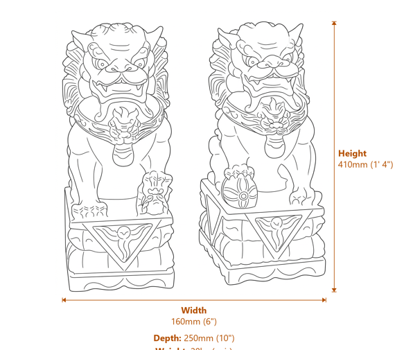 Pair of Foo Dog Garden Statues in White Dimensions Diagram