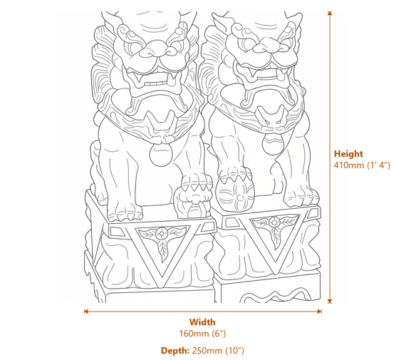 Pair of Foo Dog Garden Statues in Grey Dimensions Diagram