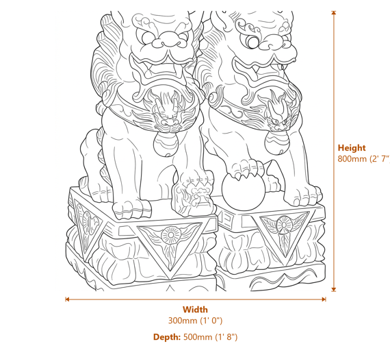 Pair of Extra Large Foo Dog Garden Statues in Grey Dimensions Diagram
