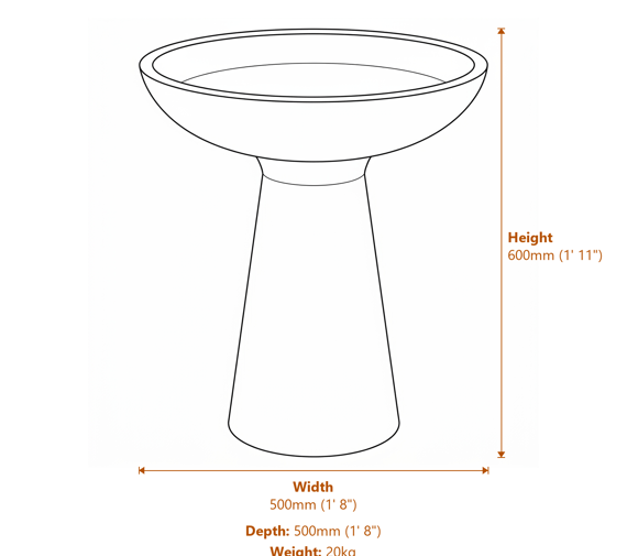 Modern Stone Birdbath in White Dimensions Diagram