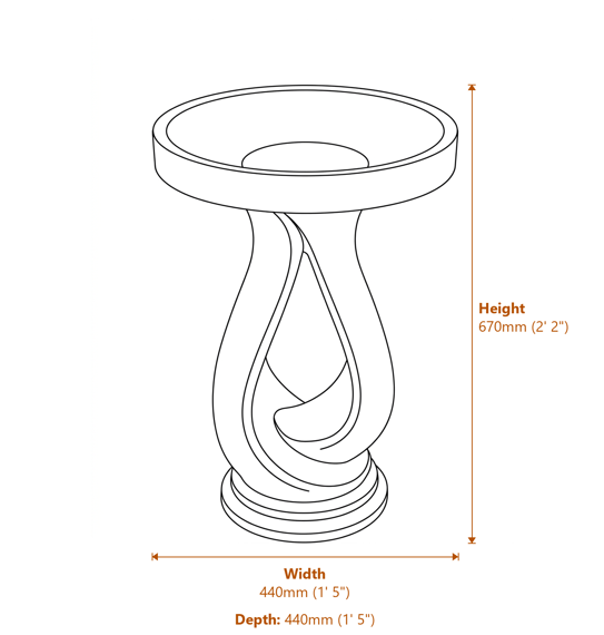 Looping Stone Birdbath in White Dimensions Diagram