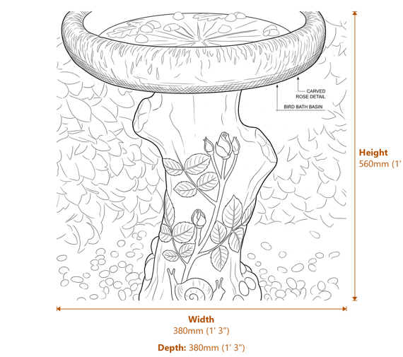 English Rose Birdbath in Sandstone Dimensions Diagram