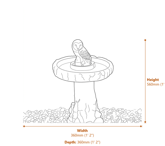 Owl Birdbath in Sandstone Dimensions Diagram