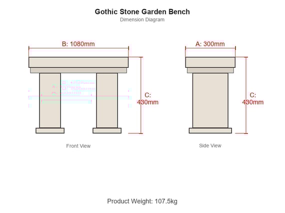 Gothic Stone Garden Bench Dimensions - 1080mm Wide x 430mm High x 300mm Deep