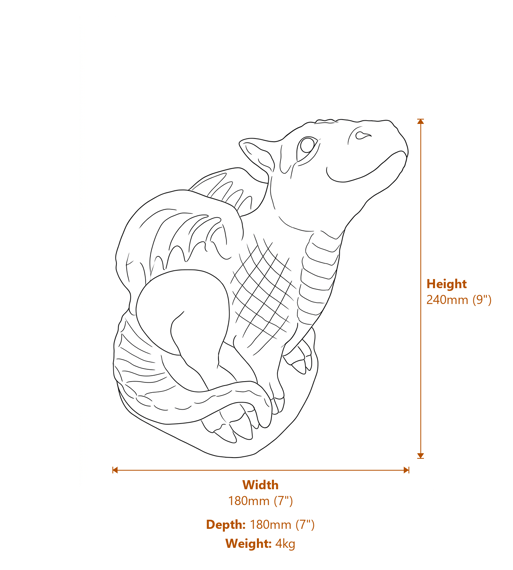 Smiling Hatchling Dragon Stone Garden Ornament in Stone Dimensions Diagram