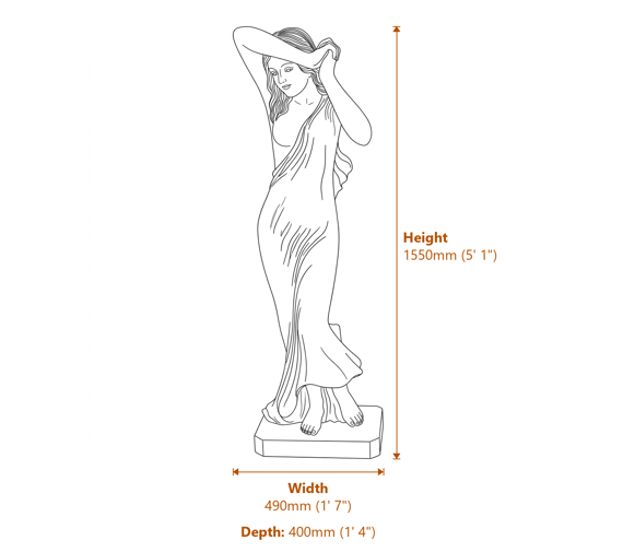 Extra Large Vergogna Phryne Garden Statue in Bronze Dimensions Diagram