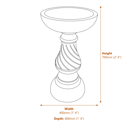 Georgian Bird Bath in Granite Dimensions Diagram