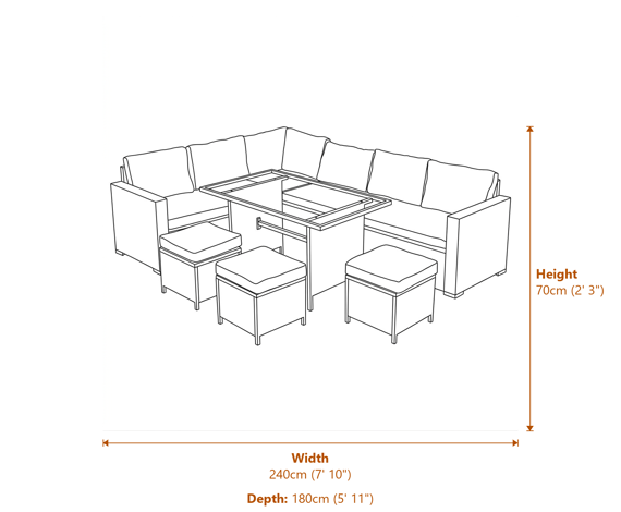Jardi Rattan Corner Sofa Set - Black - 9 Seater Dimensions Diagram