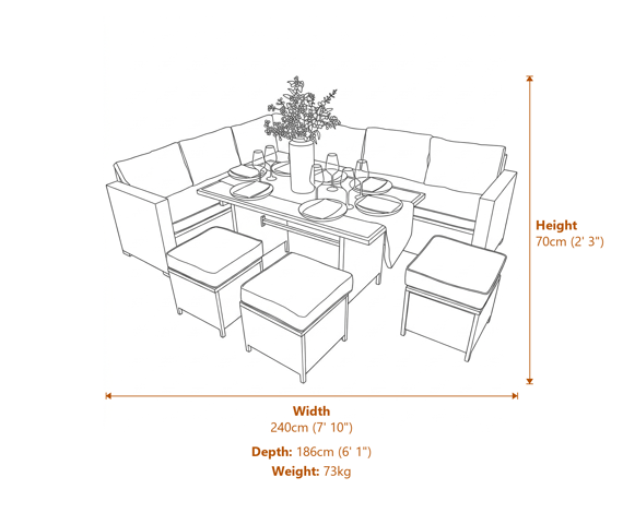 Jardi Rattan Corner Sofa Set - Grey - 9 Seater Dimensions Diagram