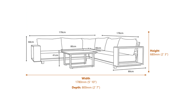 Norfolk Collection Darlington Aluminium Corner Set with Polywood Coffee Table Dimensions Diagram
