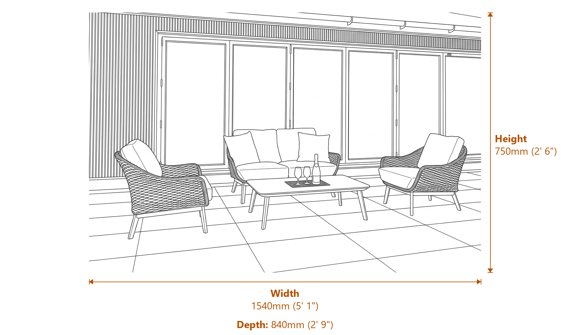 Norfolk Collection Camberley Thick Rope Weave 2 Seater Sofa Set with Sintered Stone Table Dimensions Diagram