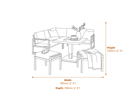 Norfolk Collection Bellmount Rope Aluminium Mini Corner Set with Gas Height Adjustable Table Dimensions Diagram