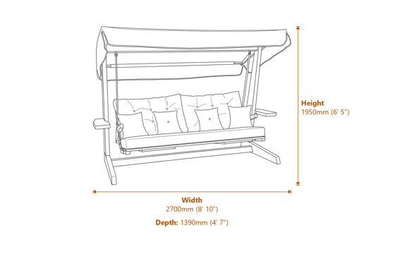 Norfolk Collection St Andrews 2600 3 Seater Swing Seat with Retractable Leg Rests and Side Table Dimensions Diagram