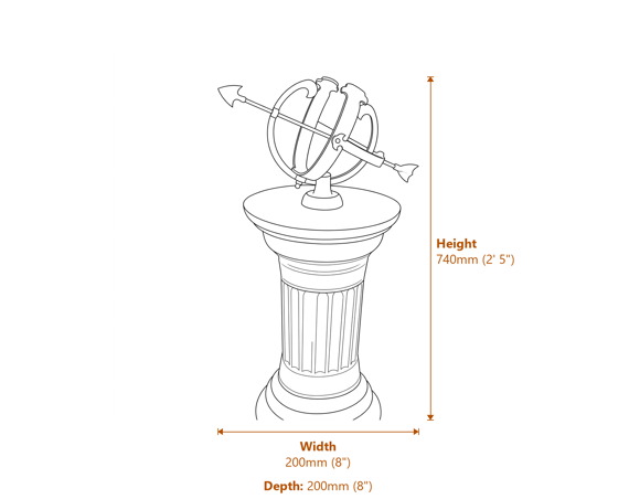Brass Armillary on Classical Stone Garden Pedestal Dimensions Diagram