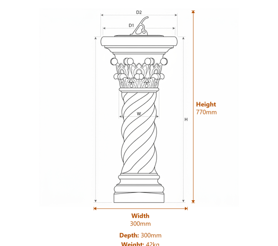 Brass Sundial on Roman Stone Garden Pedestal Dimensions Diagram