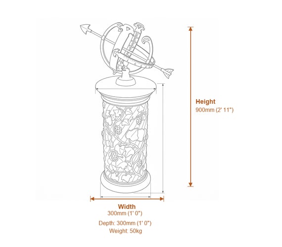 Medium Armillary on Vine Stone Garden Pedestal Dimensions Diagram