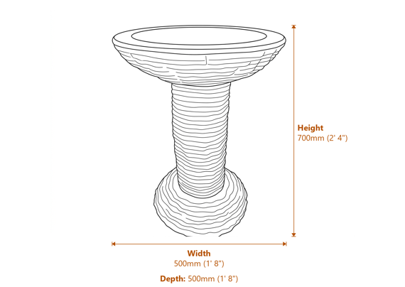 Cascade Pink Granite Bird Bath Dimensions Diagram