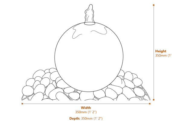 Grey Flame Granite Sphere Water Feature Dimensions Diagram
