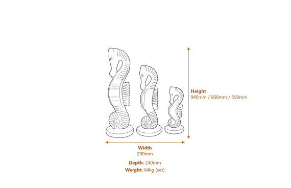 Set of Three Stone Seahorse Statues Dimensions Diagram