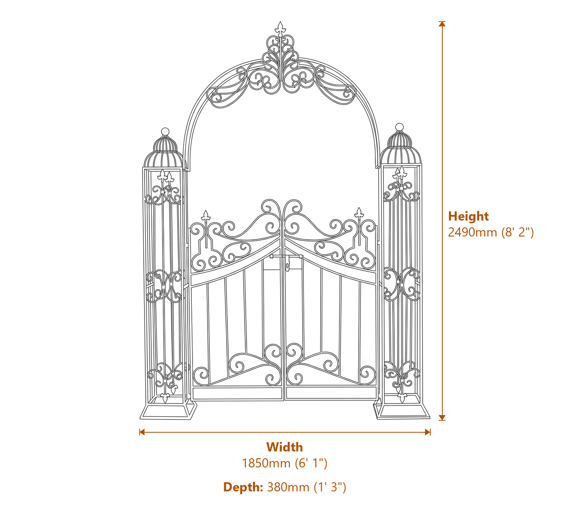 Rusty Green Vintage Metal Garden Arch with Gates Dimensions Diagram
