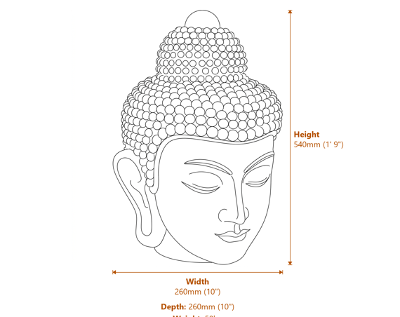 Buddha Head Stone Statue Medium Dimensions Diagram