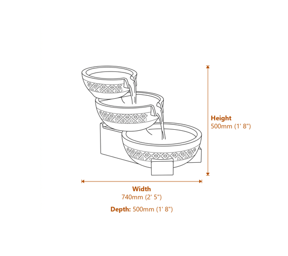 Flowing Bowls Self Contained Water Feature Dimensions Diagram