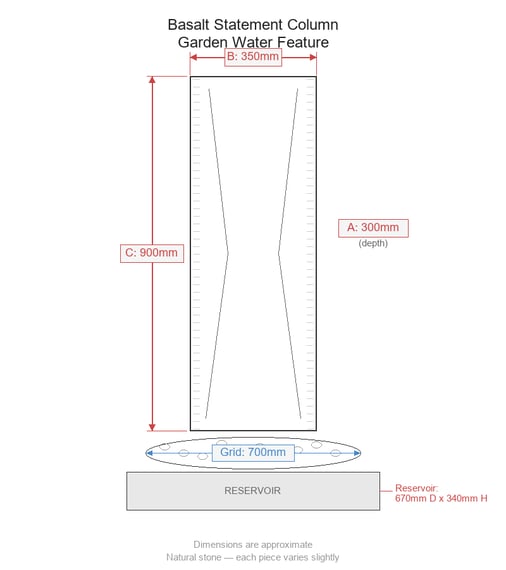 Basalt Statement Column Garden Water Feature Dimensions Diagram