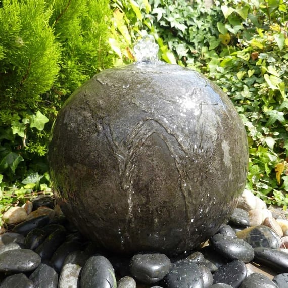Black Polished Limestone Sphere Water Feature