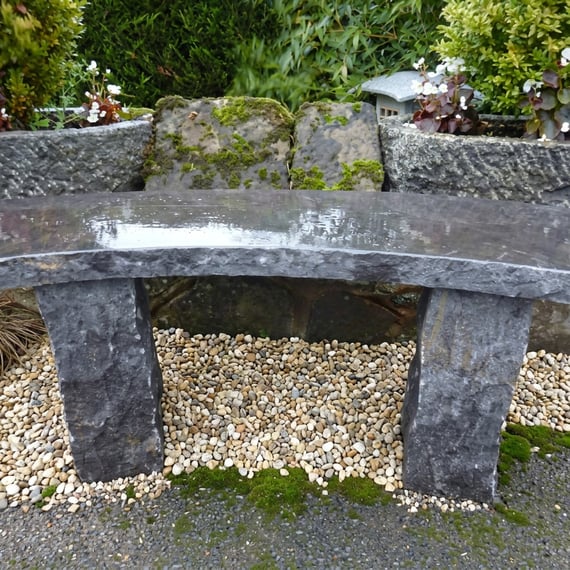 Curved Black Limestone Garden Bench