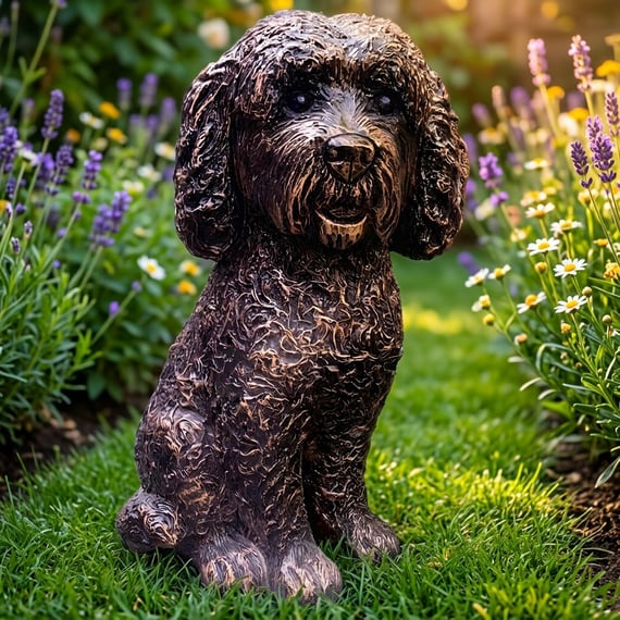 Cockapoo Bronze Ornament in Garden Setting with Lavender