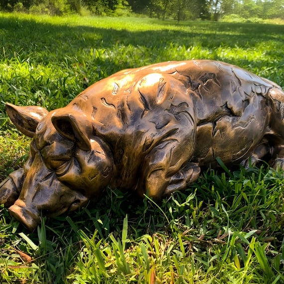 Sleeping Pig Garden Ornament in Bronze