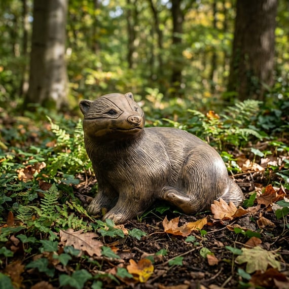 Badger Garden Ornament in Bronze Finish in Woodland Garden Setting