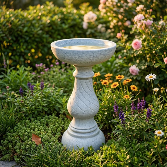 Georgian Bird Bath in Granite in a Flowering Garden Setting