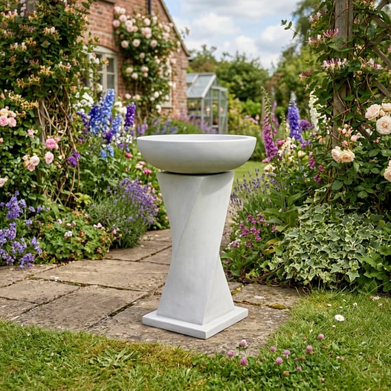 Twisted Granite Bird Bath in English Cottage Garden Setting