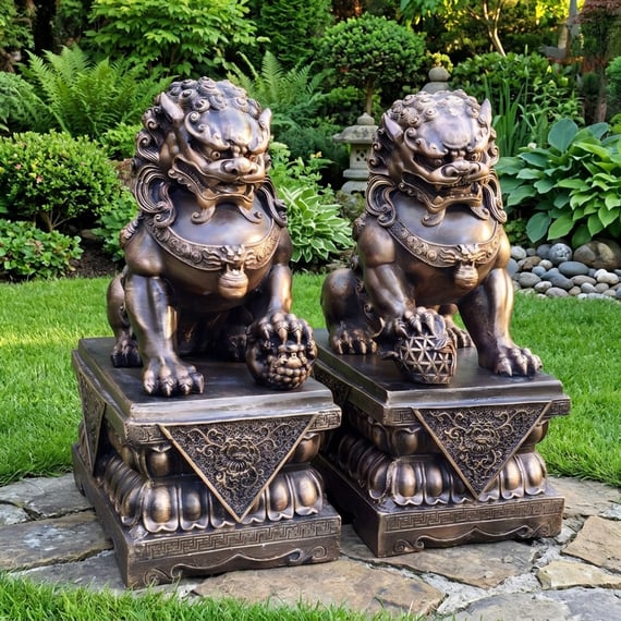 Medium Temple Dog Garden Ornaments in Bronze