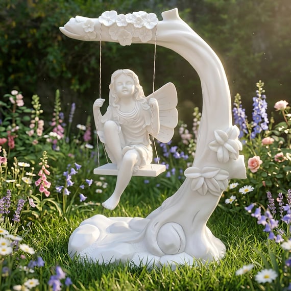 Fairy on a Swing Garden Ornament in Cottage Garden Setting
