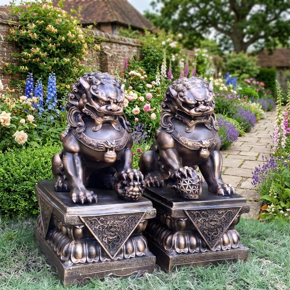 Large Temple Dog Garden Ornaments in Bronze