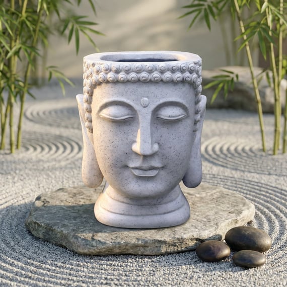 Buddha Head Garden Planter Granite in Zen Garden Setting