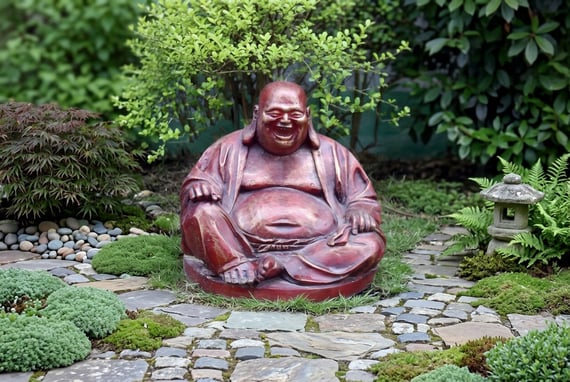 Laughing Buddha Garden Ornament in Red