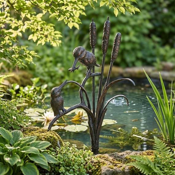 Pair of Kingfishers Metal Garden Ornament beside a garden pond