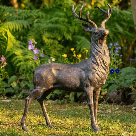 Large Elegant Stag Metal Garden Ornament in Garden Setting