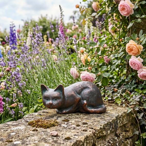 Lying Cat Metal Garden Ornament on stone wall in cottage garden