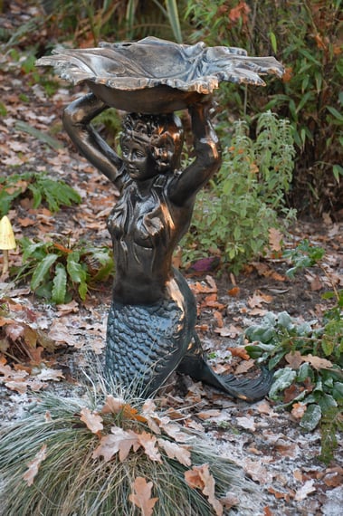 Mermaid Bird Bath Metal Garden Ornament - Original Bronze Patina Close-Up